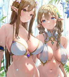 Rule 34 | 2girls, bikini, blonde hair, blue eyes, blush, braid, breast curtains, breasts, closed mouth, earrings, elf, flower, hair between eyes, hair flower, hair ornament, jewelry, large breasts, long hair, looking at viewer, multiple girls, navel, original, parted lips, plant, pointy ears, see-through, swimsuit, twin braids, water, water drop, wet, wet clothes, white bikini, yellow eyes, yomizu (rdad3278)