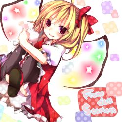 Rule 34 | 1girl, bad id, bad pixiv id, black thighhighs, blonde hair, blouse, bow, character name, embodiment of scarlet devil, female focus, flandre scarlet, hair between eyes, hair bow, komeshiro kasu, red eyes, shirt, smile, solo, thighhighs, touhou, white shirt, wings