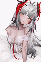 Rule 34 | 1girl, absurdres, alternate costume, antenna hair, arknights, ballerina, blunt bangs, breasts, brown eyes, cleavage, closed mouth, collarbone, detached sleeves, expressionless, eyebrows hidden by hair, grey hair, head tilt, highres, horns, john wheryus, long hair, looking at viewer, medium breasts, multicolored hair, red hair, short sleeves, simple background, solo, strapless, tutu, two-tone hair, upper body, w (arknights), white background