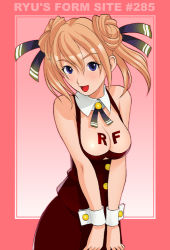 Rule 34 | 1girl, blue eyes, breasts, cleavage, cowboy shot, detached collar, double bun, framed breasts, hair between eyes, hair bun, head tilt, large breasts, pink background, ryu (ryu&#039;s form site), solo