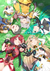 Rule 34 | 2boys, 4girls, absurdres, animal ears, azurda (xenoblade), blonde hair, breasts, brown hair, cat ears, chest jewel, cleavage, fingerless gloves, gloves, grass, green hair, grey hair, highres, ii tea, large breasts, lying, multiple boys, multiple girls, mythra (xenoblade), nia (xenoblade), on back, outstretched arm, pneuma (xenoblade), pyra (xenoblade), red hair, rex (xenoblade), smile, swept bangs, tiara, xenoblade chronicles (series), xenoblade chronicles 2