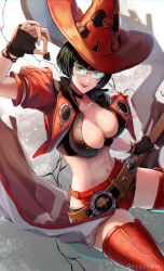 Rule 34 | 1girl, abs, belt, black hair, breasts, cleavage, gluteal fold, green eyes, guilty gear, guilty gear strive, hat, highres, holding, holding plectrum, i-no, large breasts, lips, micro shorts, mole, mole above mouth, natsume k, navel, plectrum, red lips, red shorts, red thighhighs, short hair, shorts, smile, solo, thighhighs, thighs, witch hat