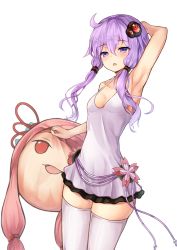 Rule 34 | 1girl, :o, ahoge, arm behind head, arm up, armpits, bare arms, bare shoulders, blush, breasts, cleavage, collarbone, commentary request, cowboy shot, dress, flower, hair ornament, holding, kotonoha akane, open mouth, pillow, pink flower, purple dress, purple eyes, purple hair, se-u-ra, short dress, short hair with long locks, sidelocks, simple background, skindentation, sleeveless, sleeveless dress, small breasts, solo, thighhighs, vocaloid, voiceroid, white background, white thighhighs, yuzuki yukari, zettai ryouiki