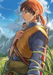 Rule 34 | 1boy, animal, animal on shoulder, bandana, belt, blue sky, brown eyes, brown hair, cloud, day, dragon quest, dragon quest viii, expressionless, grass, hero (dq8), highres, looking to the side, male focus, munchie (dq8), outdoors, parted lips, profile, sabakan (sabasabakan0), sky, solo, sword, tall grass, upper body, vest, weapon, weapon on back