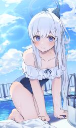 Rule 34 | 1girl, absurdres, bare arms, bare legs, bare shoulders, barefoot, blue archive, blue eyes, blue halo, blue one-piece swimsuit, blush, breasts, casual one-piece swimsuit, cleavage, closed mouth, collarbone, commentary request, day, frilled one-piece swimsuit, frills, grey hair, halo, heimu (heim kstr), highres, long hair, looking at viewer, miyako (blue archive), miyako (swimsuit) (blue archive), off-shoulder one-piece swimsuit, off shoulder, official alternate costume, official alternate hairstyle, one-piece swimsuit, outdoors, partial commentary, ponytail, pool, small breasts, smile, solo, swimsuit, water