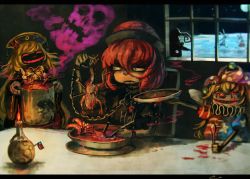 Rule 34 | + +, 5girls, american flag dress, apron, bad food, black dress, black shirt, blonde hair, bowl, candle, chain, chinese clothes, clothes writing, clownpiece, collar, cuffs, dead animal, dress, earth (planet), evil smile, fire, frog, glowing, glowing eyes, grin, hakurei reimu, hat, hecatia lapislazuli, impaled, indoors, jester cap, junko (touhou), kirisame marisa, koto inari, long hair, moon, multiple girls, nail, peeking, planet, plate, pot, red hair, reisen udongein inaba, ribbon, room, shackles, shirt, short hair, short sleeves, skull, smile, space, spoon, t-shirt, table, touhou, very long hair, wide sleeves, window, witch hat
