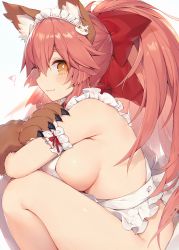 Rule 34 | 1girl, animal ear fluff, animal ears, animal hands, apron, blush, breasts, cat hair ornament, cat paws, closed mouth, commentary request, fate/grand order, fate (series), fox ears, fox girl, frilled apron, frills, from side, gloves, hair ornament, large breasts, long hair, looking at viewer, maid headdress, muryotaro, naked apron, paw gloves, pink hair, sideboob, solo, tamamo (fate), tamamo cat (fate), white apron