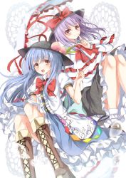 Rule 34 | 2girls, blue hair, boots, capelet, cover, cover page, erika (ym0311), finger to mouth, food, frills, fruit, hat, hat ribbon, highres, hinanawi tenshi, long hair, multiple girls, nagae iku, peach, purple hair, red eyes, ribbon, touhou, very long hair