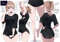 Rule 34 | 1girl, ass, breasts, choker, clothes pull, hands on own hips, kuro (toi et moi), looking at viewer, multiple views, nail polish, no pants, open mouth, original, panties, ponytail, purple eyes, shirt, shirt pull, underwear, white background