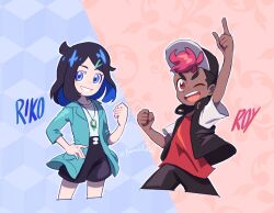 Rule 34 | 1boy, 1girl, ;d, arm up, black hair, blue eyes, character name, clenched hand, commentary, creatures (company), dark-skinned male, dark skin, game freak, green jacket, grin, hand on own hip, hand up, hat, highres, index finger raised, jacket, jewelry, kamabokobun, legs apart, liko (pokemon), necklace, nintendo, one eye closed, open clothes, open jacket, open mouth, pants, pokemon, pokemon (anime), pokemon horizons, pokemon horizons, roy (pokemon), shirt, short hair, shorts, smile, teeth, tongue, upper teeth only, white shirt