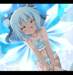 Rule 34 | 1girl, :d, ^ ^, ahoge, bikini, blue bikini, blue bow, blue hair, blue sky, blush, bow, cirno, closed eyes, cloud, collarbone, day, do (4-rt), closed eyes, eyes visible through hair, facing viewer, fang, from below, hair between eyes, hair bow, hands on own knees, highres, ice, ice wings, leaning forward, lens flare, letterboxed, open mouth, outdoors, short hair, sky, smile, solo, sun, swimsuit, tan, tanline, tanned cirno, touhou, v-shaped eyebrows, wings