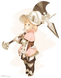 Rule 34 | warrior of light (ff14), axe, blonde hair, blue eyes, bob cut, boots, brown footwear, buttons, capelet, closed mouth, commission, double-breasted, final fantasy, final fantasy xiv, from side, full body, highres, holding, holding axe, holding weapon, km yama, lalafell, looking at viewer, looking to the side, morion, over shoulder, pantyhose, pink capelet, pink skirt, pointy ears, short hair, skeb commission, skirt, smile, solo, suspender boots, twitter username, weapon, weapon over shoulder, white pantyhose