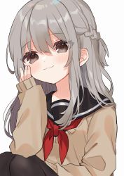 Rule 34 | 1girl, :3, absurdres, bad id, bad pixiv id, black pantyhose, black sailor collar, blush, braid, brown eyes, cardigan, closed mouth, fingernails, french braid, grey cardigan, grey hair, grey sweater, hand on own cheek, hand on own face, hand up, highres, long sleeves, looking at viewer, neckerchief, noi mine, original, pantyhose, red neckerchief, sailor collar, simple background, sitting, sleeves past wrists, smile, solo, sweater, white background