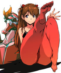 Rule 34 | 1girl, alternate costume, black bra, blue eyes, bra, breasts, brown hair, cameltoe, closed mouth, collarbone, commentary request, crotch seam, eva 02, feet, full body, hair between eyes, hand up, headgear, kamisimo 90, knee up, kneepits, leg up, legs, light smile, long hair, looking at viewer, mecha, neon genesis evangelion, outstretched leg, pantyhose, parted bangs, plugsuit, rebuild of evangelion, red pantyhose, robot, shadow, simple background, small breasts, smile, soles, souryuu asuka langley, straight hair, thighs, toes, two side up, underwear, waving, white background