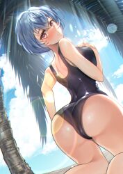 Rule 34 | 1girl, absurdres, ass, ass focus, ayanami rei, beach, blue hair, blue sky, blush, bob cut, breasts, cameltoe, cleft of venus, cloud, cloudy sky, highres, medium breasts, neon genesis evangelion, one-piece swimsuit, palm tree, parted lips, red eyes, school swimsuit, short hair, sky, solo, swimsuit, tree