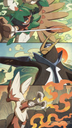 Rule 34 | arrow (projectile), blaziken, blue eyes, blue sky, bow (weapon), claws, cloud, commentary, creature, creatures (company), decidueye, empoleon, furry, game freak, gen 3 pokemon, gen 4 pokemon, gen 7 pokemon, holding, holding bow (weapon), holding weapon, lanmana, mega pokemon, mountain, nintendo, orange eyes, outdoors, pokemon, pokemon (creature), sky, sun, trait connection, upper body, watermark, weapon, web address