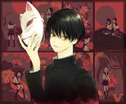 Rule 34 | 1boy, black hair, character request, fox mask, male focus, mask, red theme, school uniform, short hair, solo, yellow eyes