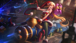 Rule 34 | 1girl, :d, ambitious elf jinx, bare shoulders, blonde hair, blurry, box, closed eyes, commentary, depth of field, doll, dress, dutch angle, eyeball, fur trim, gift, gift box, gloves, gun, handgun, highres, indoors, jem flores, jinx (league of legends), league of legends, long hair, long pointy ears, mittens, open mouth, pantyhose, pistol, pointy ears, red dress, red footwear, red gloves, riding, shelf, smile, solo, strapless, strapless dress, striped clothes, striped pantyhose, stuffed animal, stuffed toy, teddy bear, train, vertical-striped clothes, vertical-striped pantyhose, very long hair, weapon, window