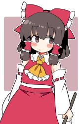 Rule 34 | 1girl, ascot, bare shoulders, black hair, blush, bow, brown eyes, closed mouth, detached sleeves, hair bow, hair tubes, hakurei reimu, ini (inunabe00), long hair, red bow, red skirt, ribbon-trimmed sleeves, ribbon trim, sidelocks, skirt, solo, touhou, upper body, white sleeves, wide sleeves, yellow ascot