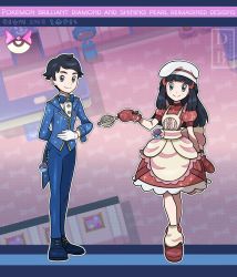 Rule 34 | 1boy, 1girl, apron, black hair, blue bow, blue bowtie, blue footwear, blue pants, blush, bow, bowtie, buttons, chef hat, closed mouth, commentary, copyright name, creatures (company), dawn (palentine&#039;s 2021) (pokemon), dawn (pokemon), dreambig, dress, eyelashes, game freak, gloves, grey eyes, hair ornament, hairclip, hat, highres, leg warmers, long hair, long sleeves, looking at viewer, lucas (pokemon), mittens, nintendo, official alternate costume, oven mitts, pants, pokemon, pokemon dppt, pokemon masters ex, red dress, red footwear, red mittens, screenshot inset, shirt, shoes, short sleeves, sidelocks, smile, tailcoat, watermark, white gloves, white headwear, white shirt