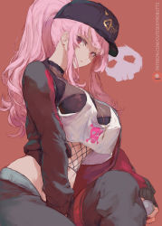 Rule 34 | 1girl, baseball cap, breasts, choker, cutesexyrobutts, fishnets, hat, highres, hololive, hololive english, long hair, looking at viewer, looking down, medium breasts, mori calliope, mori calliope (streetwear), official alternate costume, pink eyes, pink hair, ponytail, skull, solo, virtual youtuber