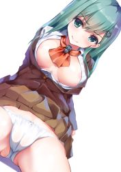 Rule 34 | 10s, 1girl, aqua eyes, aqua hair, breasts, cameltoe, hair ornament, hairclip, henet hene, jacket, kantai collection, large breasts, long hair, looking at viewer, open clothes, open shirt, panties, pleated skirt, school uniform, shirt, simple background, skirt, smile, solo, suzuya (kancolle), tears, underwear, white panties