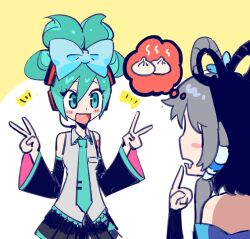 Rule 34 | 2girls, :3, aqua eyes, aqua hair, aqua necktie, baozi, bare shoulders, black skirt, black sleeves, blue bow, blush stickers, bow, chinese commentary, cinnamiku, collared shirt, commentary request, detached sleeves, double bun, double v, drooling, dumpling, folded twintails, food, grey hair, grey shirt, hair between eyes, hair bow, hair bun, hair rings, hatsune miku, imagining, luo tianyi, milifeimili, miniskirt, mouth drool, multiple girls, necktie, number tattoo, off shoulder, open mouth, pleated skirt, self borrowed hairstyle, shirt, short hair, sidelocks, skirt, sleeveless, smile, spoken food, tattoo, thought bubble, updo, v, vocaloid, vsinger