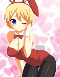 Rule 34 | 10s, 1girl, adjusting hair, animal ears, bad id, bad pixiv id, bare shoulders, bent over, blonde hair, blue eyes, blush, borubomu, bow, bowtie, braid, breasts, rabbit ears, rabbit tail, playboy bunny, cleavage, darjeeling (girls und panzer), detached collar, fake animal ears, fishnet pantyhose, fishnets, girls und panzer, heart, heart background, large breasts, leaning, leaning forward, leotard, looking at viewer, one eye closed, pantyhose, short hair, smile, solo, tail, wink, wrist cuffs
