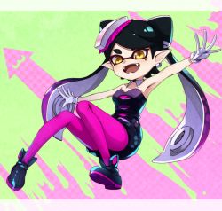 Rule 34 | + +, 1girl, :d, ankle boots, black footwear, black hair, black jumpsuit, boots, callie (splatoon), collar, detached collar, earrings, fangs, floating, food, food on head, full body, gloves, green background, inkling, jewelry, jumpsuit, long hair, looking to the side, mole, mole under eye, nintendo, object on head, open mouth, outstretched arms, pantyhose, pink background, pointy ears, purple pantyhose, short jumpsuit, smile, solo, splatoon (series), splatoon 1, spread arms, strapless, sushi, swept bangs, takeko spla, tentacle hair, very long hair, white collar, white gloves, wing collar