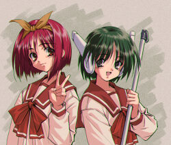 Rule 34 | 2girls, absurdres, android, broom, green eyes, green hair, hairband, highres, holding, holding broom, kamigishi akari, longmei er de tuzi, looking at viewer, multi (to heart), multiple girls, open mouth, red eyes, red hair, red sailor collar, robot ears, sailor collar, school uniform, serafuku, smile, to heart, to heart (series), upper body, v