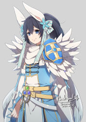 Rule 34 | 1boy, alternate color, animal ears, armor, belt, black hair, blue armor, blue bow, blue eyes, blue flower, blue sleeves, bow, chain, closed mouth, coat, commentary request, commission, cowboy shot, dated, detached sleeves, feathered wings, flower, grey background, hair between eyes, hair bow, hair flower, hair ornament, high ponytail, long hair, looking at viewer, male focus, moni, official alternate costume, pauldrons, pelvic curtain, rabbit ears, ragnarok online, scarf, shoulder armor, signature, simple background, single pauldron, skeb commission, sleeveless, sleeveless coat, smile, solo, sorcerer (ragnarok online), striped, striped bow, two-tone sleeves, white bow, white scarf, white sleeves, white wings, wings, yellow belt