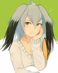 Rule 34 | 1girl, alternate costume, ancolatte (onikuanco), blonde hair, blue eyes, breasts, cleavage, commentary request, contemporary, green eyes, grey hair, hair between eyes, hair tie, head rest, heart, holding head, kemono friends, long sleeves, multicolored hair, shoebill (kemono friends), short hair, smile, solo, sweater, upper body
