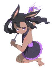 Rule 34 | 1girl, animal ears, backless dress, backless outfit, barefoot, black dress, black hair, blush, commentary request, dark-skinned female, dark skin, dress, fire, foil (fencing), full body, hair ribbon, hanoyama, highres, holding, holding sword, holding weapon, looking at viewer, magic, medium hair, open mouth, purple eyes, purple fire, purple ribbon, quad tails, rabbit and steel, rabbit ears, rabbit girl, ribbon, short bangs, simple background, sleeveless, sleeveless dress, solo, spellsword rabbit, sword, weapon, white background