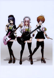 Rule 34 | 3girls, absurdres, ankle lace-up, antenna hair, axanael, bare shoulders, black hair, blush, breasts, brown hair, cross-laced footwear, electric guitar, eyebrows, fujimi suzu, green eyes, guitar, headphones, high heels, highres, huge breasts, instrument, large breasts, long hair, looking at viewer, miniskirt, multiple girls, nitroplus, official art, open mouth, open shoes, pink hair, purple eyes, red eyes, shoes, short hair, simple background, skirt, smile, super sonico, thighhighs, thighs, tsuji santa, watanuki fuuri