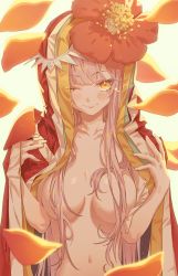 Rule 34 | 1girl, bare shoulders, blush, breasts, cloak, fate/grand order, fate (series), highres, hxxg, large breasts, long hair, looking at viewer, medb (fate), medb (one-inch princess) (fate), naked cloak, petals, pink hair, red cloak, tiara, yellow eyes