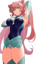 Rule 34 | 1girl, absurdres, adjusting hair, arm up, armpits, blue eyes, bodysuit, breasts, covered navel, elbow gloves, gloves, hair ears, highres, impossible clothes, leotard, long hair, maria cadenzavna eve, nyanmaru, pink hair, senki zesshou symphogear, simple background, solo, thighs