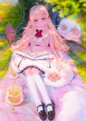Rule 34 | 1girl, ahoge, andychen, animal ears, black footwear, blonde hair, blue eyes, blush, book, breasts, chips (food), closed mouth, commentary request, dress, food, full body, hair ornament, hairclip, highres, hololive, horns, kneehighs, large breasts, loafers, long hair, looking at viewer, md5 mismatch, open book, pantyhose, petting, potato chips, resolution mismatch, sheep, sheep ears, sheep girl, sheep horns, shoes, sitting, sleeveless, sleeveless dress, smile, socks, solo, source smaller, tiered tray, tsunomaki watame, tsunomaki watame (1st costume), very long hair, virtual youtuber, white dress, white pantyhose, white socks