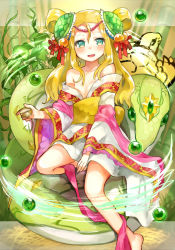 Rule 34 | 1girl, bamboo, bare legs, bare shoulders, barefoot, blonde hair, chinese clothes, gmanee, green eyes, hair ornament, highres, long hair, meimei (p&amp;d), off shoulder, puzzle &amp; dragons, snake, solo, turtle, turtle shell