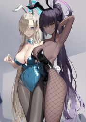 Rule 34 | 2girls, absurdres, animal ears, armpits, asuna (blue archive), asuna (bunny) (blue archive), bare shoulders, black hair, black pantyhose, blonde hair, blue archive, blue bow, blue bowtie, bow, bowtie, breasts, cleavage, closed mouth, dark-skinned female, dark skin, detached collar, fake animal ears, fake tail, fishnet pantyhose, fishnets, gradient hair, halo, highres, karin (blue archive), karin (bunny) (blue archive), large breasts, leotard, long hair, looking at viewer, maanu, multicolored hair, multiple girls, official alternate costume, pantyhose, playboy bunny, ponytail, purple hair, rabbit ears, rabbit tail, smile, standing, tail, very long hair, yellow eyes