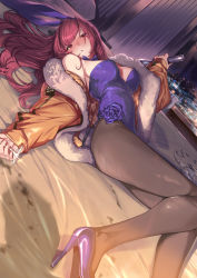 Rule 34 | 1girl, blush, breasts, drunk, fate/grand order, fate (series), highres, large breasts, long hair, looking at viewer, official alternate costume, ohland, pantyhose, scathach (fate), scathach (piercing bunny) (fate), solo