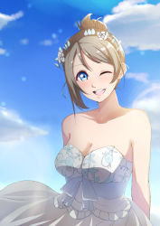 Rule 34 | 1girl, absurdres, artist request, bare shoulders, blue eyes, breasts, brown hair, cleavage, female focus, hair ornament, highres, looking at viewer, love live!, love live! sunshine!!, medium breasts, one eye closed, open mouth, smile, solo, thank you friends!!, upper body, watanabe you