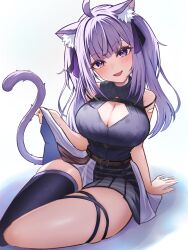 Rule 34 | 1girl, ahoge, animal ears, bare shoulders, belt, breasts, cat ears, cat girl, cat tail, cleavage, cleavage cutout, clothes lift, clothing cutout, highres, hololive, kogekoge1207, large breasts, long hair, looking at viewer, nekomata okayu, open mouth, purple eyes, purple hair, simple background, sitting, skirt, skirt lift, sleeveless, sleeveless sweater, sleeveless turtleneck, smile, solo, sweater, sweater tucked in, tail, thick thighs, thighs, turtleneck, turtleneck sweater, twintails, virtual youtuber