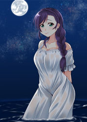 Rule 34 | 1girl, arms behind back, artist name, artist request, bare shoulders, blush, braid, breasts, collarbone, crown braid, dress, female focus, green eyes, hair over shoulder, highres, long hair, looking at viewer, love live!, love live! school idol festival, love live! school idol project, medium breasts, moon, night, night sky, ocean, outdoors, parted lips, purple hair, sano souichi, sky, smile, solo, sundress, tojo nozomi, twintails, white dress