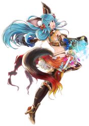 Rule 34 | 1girl, animal ears, black panties, blue eyes, blue hair, bow, braid, breasts, detached sleeves, fantasy earth zero, full body, gauntlets, hair bow, high heels, highres, long hair, looking at viewer, medallion, medium breasts, open mouth, panties, red bow, simple background, solo, tail, thick eyebrows, thong, underwear, very long hair, white background, zauberburg