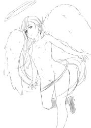 Rule 34 | 1girl, angel, bad id, bad pixiv id, breasts, female pubic hair, greyscale, halo, highres, long hair, monochrome, navel, nipples, niwatazumi, nude, pubic hair, simple background, sketch, small breasts, solo, very long hair, wings