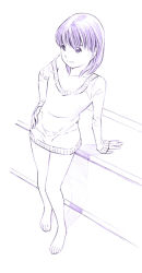 Rule 34 | 1girl, barefoot, dress, from above, full body, hand on own hip, monochrome, original, purple theme, sketch, solo, standing, sweater, sweater dress, traditional media, yoshitomi akihito
