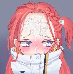 Rule 34 | 1girl, @ @, blue archive, blush, daniel cherry, embarrassed, face focus, forehead, grey background, highres, looking to the side, purple eyes, red hair, side ponytail, sketch, suggestive fluid, tic-tac-toe, yuzu (blue archive)