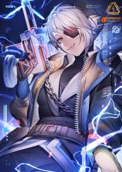 Rule 34 | 1girl, apex legends, belt, black jacket, breasts, brown eyes, chain, character name, copyright name, deep current wattson, electricity, energy reader (apex legends), eyepatch, facial scar, grey belt, grey hair, highres, holding, jacket, lightning bolt symbol, medium breasts, mizutama (mao11260510), nessie (respawn), official alternate costume, one eye covered, scar, scar on cheek, scar on face, smile, solo, stuffed toy, wattson (apex legends)