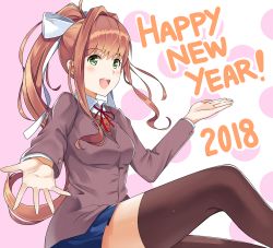 Rule 34 | 1girl, 2018, :d, arms up, black thighhighs, blue skirt, blush, bow, breasts, brown hair, brown jacket, collared shirt, doki doki literature club, green eyes, hair bow, happy new year, j@ck, jacket, long hair, looking at viewer, medium breasts, miniskirt, monika (doki doki literature club), new year, open mouth, orange vest, outstretched arm, pleated skirt, ponytail, ribbon, school uniform, shirt, sidelocks, skirt, smile, solo, thighhighs, vest, white bow, zettai ryouiki