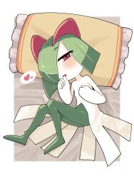 Rule 34 | bags under eyes, bed, bed sheet, blush, colored skin, creatures (company), game freak, gen 3 pokemon, green hair, hair over one eye, hand on own chest, head on pillow, heart, highres, horns, ino (tellu0120), kirlia, looking at viewer, multicolored skin, nintendo, on bed, pillow, pink eyes, pokemon, pokemon (creature), sidelocks, thumb sucking, two-tone skin, white skin